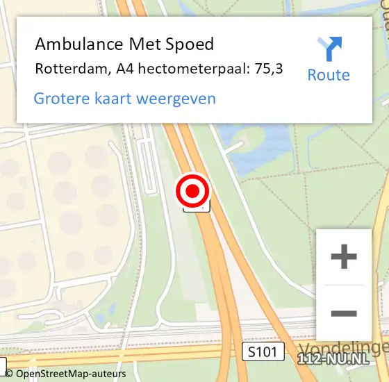 Locatie op kaart van de 112 melding: Ambulance Met Spoed Naar Rotterdam, A4 hectometerpaal: 75,3 op 8 december 2023 18:54