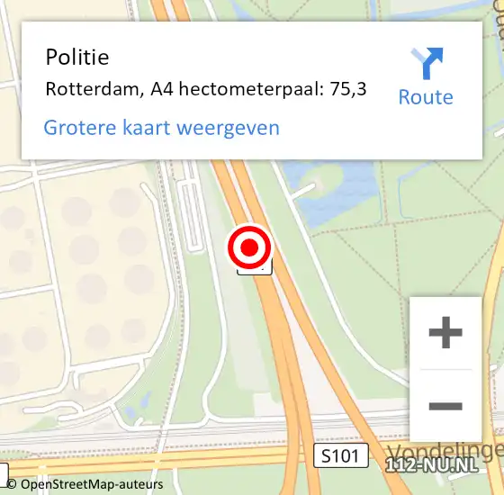 Locatie op kaart van de 112 melding: Politie Rotterdam, A4 hectometerpaal: 75,3 op 8 december 2023 18:58