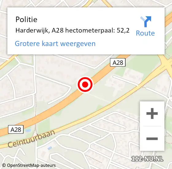 Locatie op kaart van de 112 melding: Politie Harderwijk, A28 hectometerpaal: 52,2 op 9 december 2023 00:25