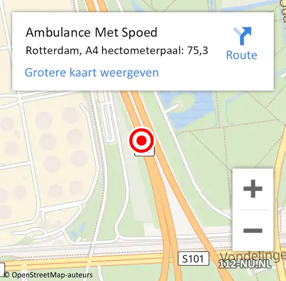 Locatie op kaart van de 112 melding: Ambulance Met Spoed Naar Rotterdam, A4 hectometerpaal: 75,3 op 9 december 2023 01:12