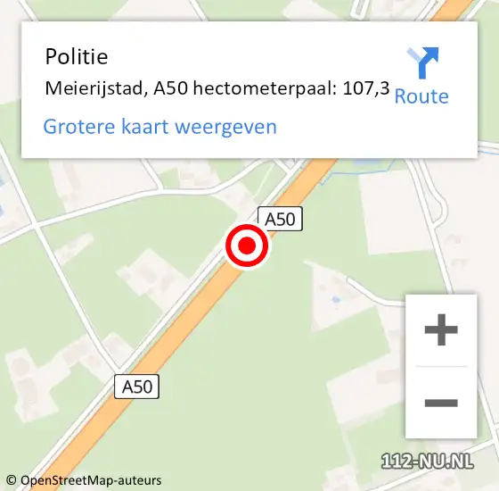 Locatie op kaart van de 112 melding: Politie Meierijstad, A50 hectometerpaal: 107,3 op 9 december 2023 03:20