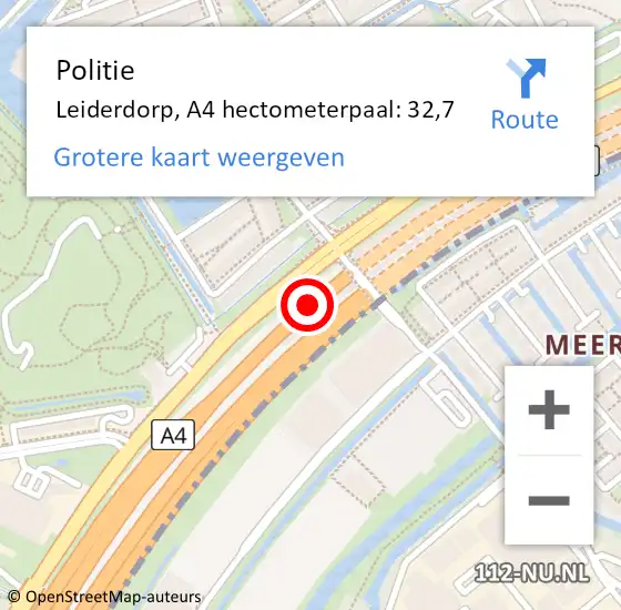 Locatie op kaart van de 112 melding: Politie Leiderdorp, A4 hectometerpaal: 32,7 op 9 december 2023 08:32