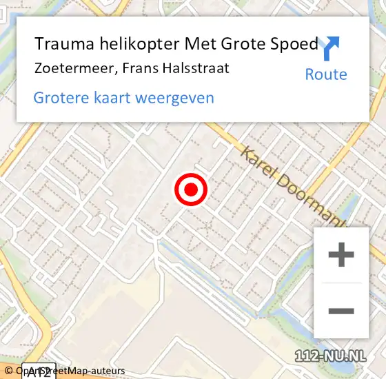 Locatie op kaart van de 112 melding: Trauma helikopter Met Grote Spoed Naar Zoetermeer, Frans Halsstraat op 9 december 2023 08:38