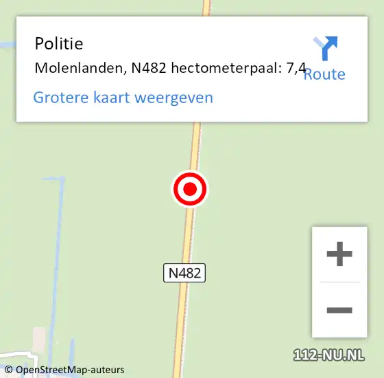 Locatie op kaart van de 112 melding: Politie Molenlanden, N482 hectometerpaal: 7,4 op 9 december 2023 09:45