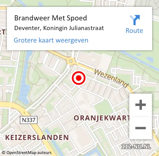 Locatie op kaart van de 112 melding: Brandweer Met Spoed Naar Deventer, Koningin Julianastraat op 9 december 2023 10:08