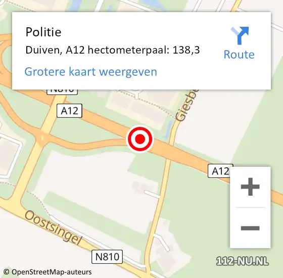 Locatie op kaart van de 112 melding: Politie Duiven, A12 hectometerpaal: 138,3 op 9 december 2023 10:59