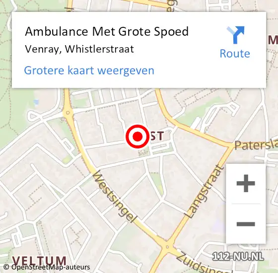 Locatie op kaart van de 112 melding: Ambulance Met Grote Spoed Naar Venray, Whistlerstraat op 9 december 2023 11:40