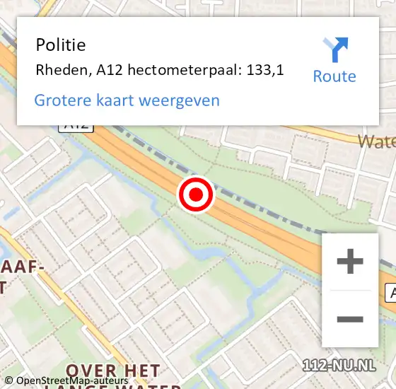 Locatie op kaart van de 112 melding: Politie Rheden, A12 hectometerpaal: 133,1 op 9 december 2023 11:50