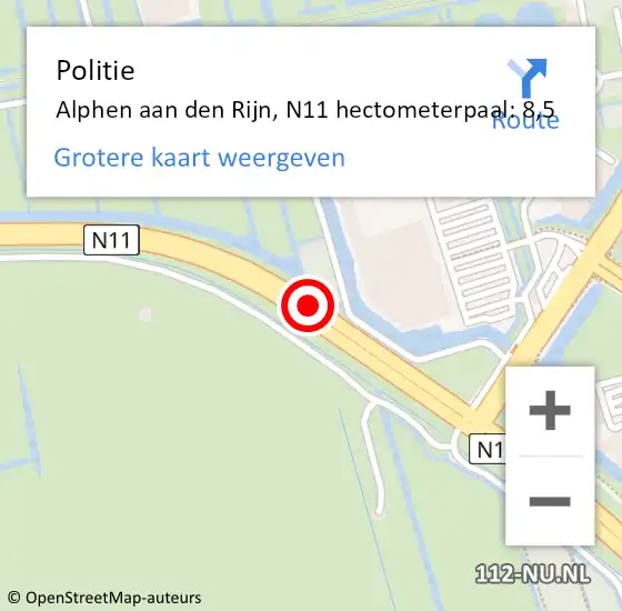 Locatie op kaart van de 112 melding: Politie Alphen aan den Rijn, N11 hectometerpaal: 8,5 op 9 december 2023 12:11