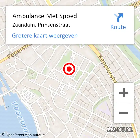 Locatie op kaart van de 112 melding: Ambulance Met Spoed Naar Zaandam, Prinsenstraat op 9 december 2023 13:24
