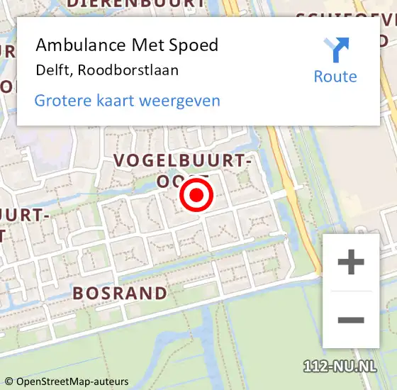 Locatie op kaart van de 112 melding: Ambulance Met Spoed Naar Delft, Roodborstlaan op 9 december 2023 14:43