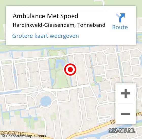 Locatie op kaart van de 112 melding: Ambulance Met Spoed Naar Hardinxveld-Giessendam, Tonneband op 9 december 2023 15:57