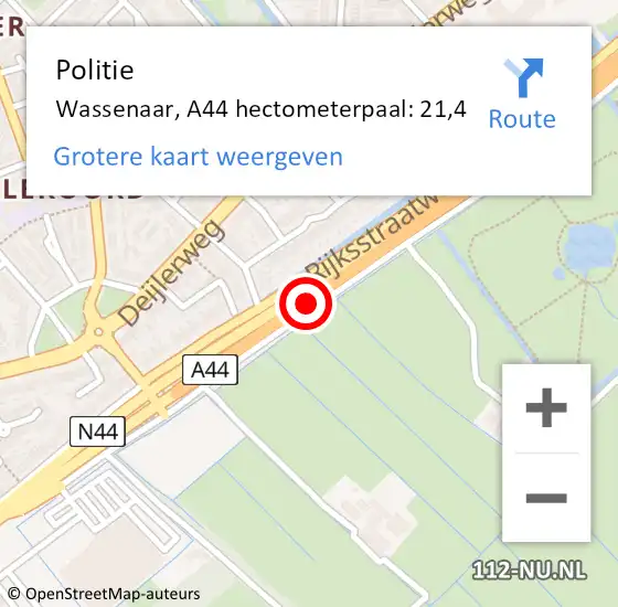 Locatie op kaart van de 112 melding: Politie Wassenaar, A44 hectometerpaal: 21,4 op 9 december 2023 16:00