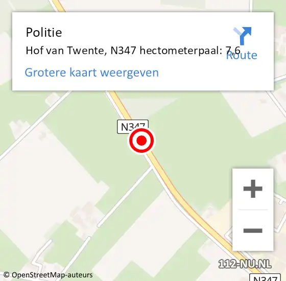 Locatie op kaart van de 112 melding: Politie Hof van Twente, N347 hectometerpaal: 7,6 op 9 december 2023 16:09