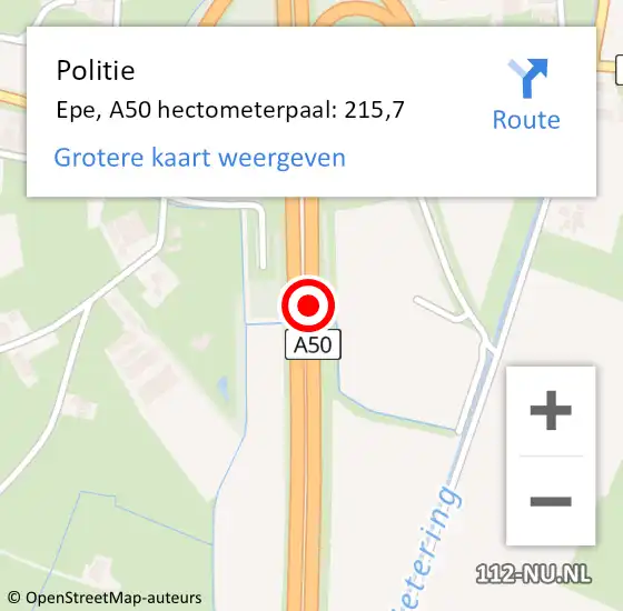 Locatie op kaart van de 112 melding: Politie Epe, A50 hectometerpaal: 215,7 op 9 december 2023 16:46