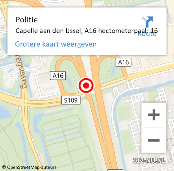 Locatie op kaart van de 112 melding: Politie Capelle aan den IJssel, A16 hectometerpaal: 16 op 9 december 2023 17:11