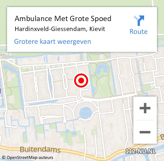 Locatie op kaart van de 112 melding: Ambulance Met Grote Spoed Naar Hardinxveld-Giessendam, Kievit op 9 december 2023 17:29