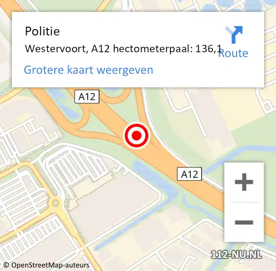 Locatie op kaart van de 112 melding: Politie Westervoort, A12 hectometerpaal: 136,1 op 9 december 2023 17:38