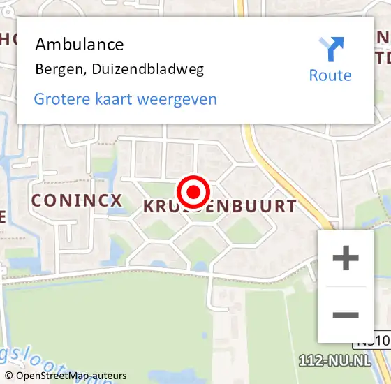 Locatie op kaart van de 112 melding: Ambulance Bergen, Duizendbladweg op 9 december 2023 19:19