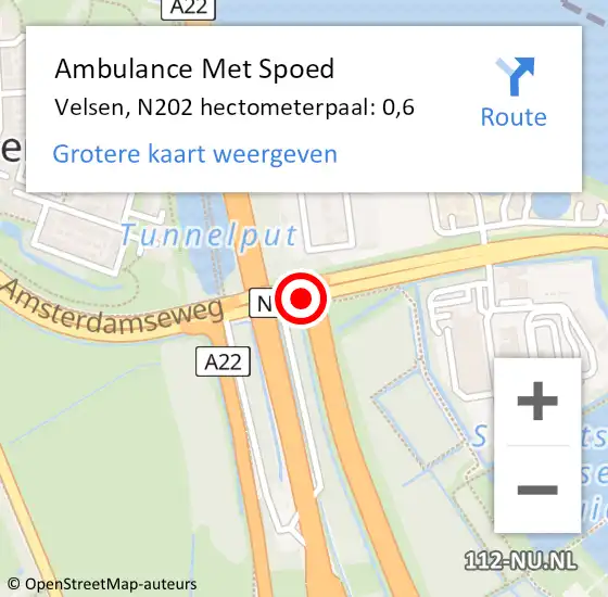 Locatie op kaart van de 112 melding: Ambulance Met Spoed Naar Velsen, N202 hectometerpaal: 0,6 op 9 december 2023 21:12