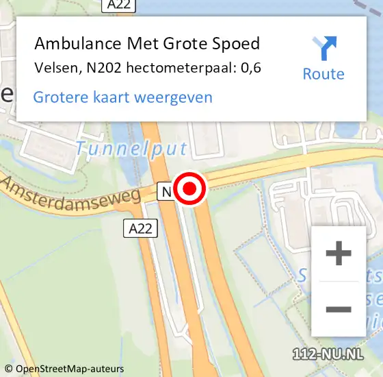 Locatie op kaart van de 112 melding: Ambulance Met Grote Spoed Naar Velsen, N202 hectometerpaal: 0,6 op 9 december 2023 21:12