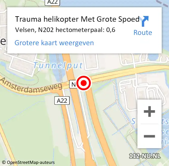 Locatie op kaart van de 112 melding: Trauma helikopter Met Grote Spoed Naar Velsen, N202 hectometerpaal: 0,6 op 9 december 2023 21:15
