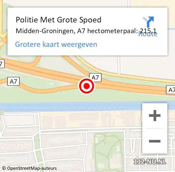 Locatie op kaart van de 112 melding: Politie Met Grote Spoed Naar Midden-Groningen, A7 hectometerpaal: 215,1 op 9 december 2023 21:42