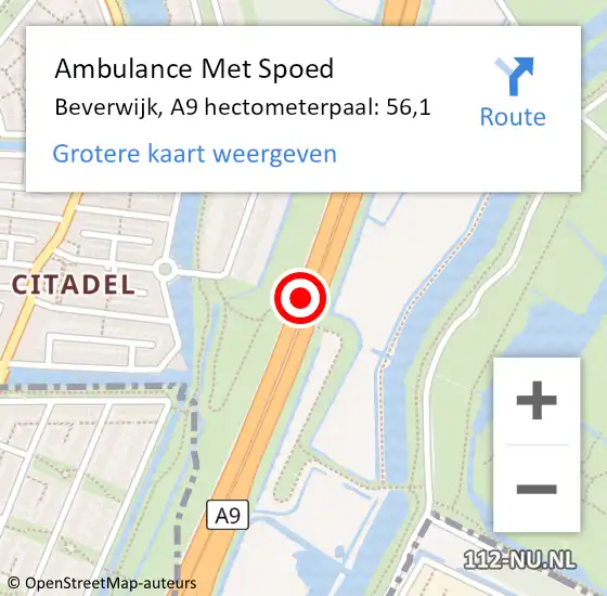 Locatie op kaart van de 112 melding: Ambulance Met Spoed Naar Beverwijk, A9 hectometerpaal: 56,1 op 10 december 2023 02:01