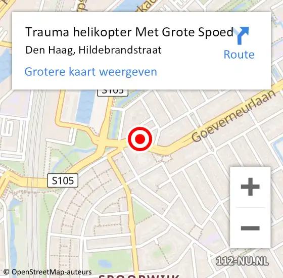 Locatie op kaart van de 112 melding: Trauma helikopter Met Grote Spoed Naar Den Haag, Hildebrandstraat op 10 december 2023 02:16