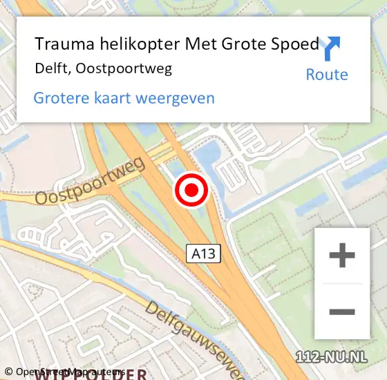 Locatie op kaart van de 112 melding: Trauma helikopter Met Grote Spoed Naar Delft, Oostpoortweg op 10 december 2023 05:03