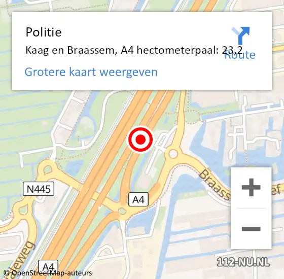 Locatie op kaart van de 112 melding: Politie Kaag en Braassem, A4 hectometerpaal: 23,2 op 10 december 2023 05:29