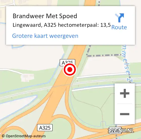 Locatie op kaart van de 112 melding: Brandweer Met Spoed Naar Lingewaard, A325 hectometerpaal: 13,5 op 10 december 2023 06:06