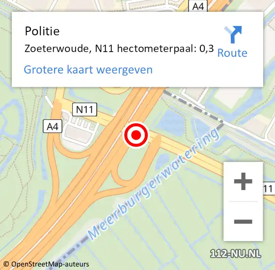 Locatie op kaart van de 112 melding: Politie Zoeterwoude, N11 hectometerpaal: 0,3 op 10 december 2023 07:14