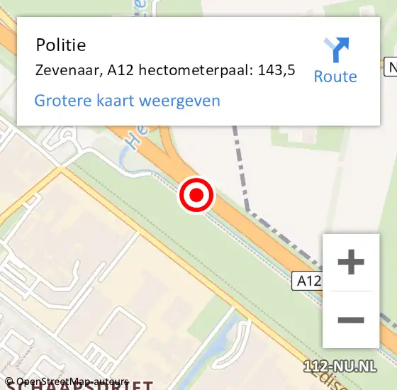 Locatie op kaart van de 112 melding: Politie Zevenaar, A12 hectometerpaal: 143,5 op 10 december 2023 08:40