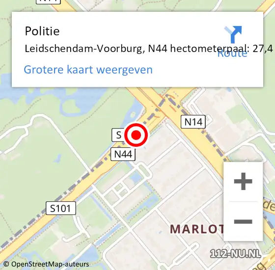 Locatie op kaart van de 112 melding: Politie Leidschendam-Voorburg, N44 hectometerpaal: 27,4 op 10 december 2023 11:11