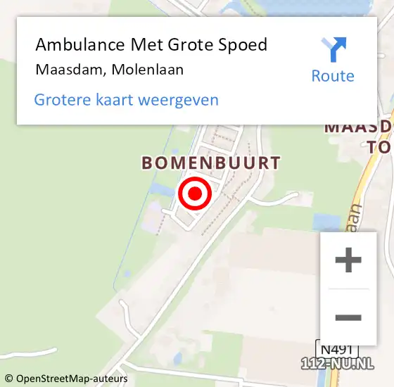 Locatie op kaart van de 112 melding: Ambulance Met Grote Spoed Naar Maasdam, Molenlaan op 10 december 2023 11:47