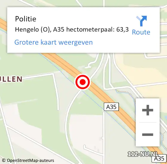 Locatie op kaart van de 112 melding: Politie Hengelo (O), A35 hectometerpaal: 63,3 op 10 december 2023 11:48