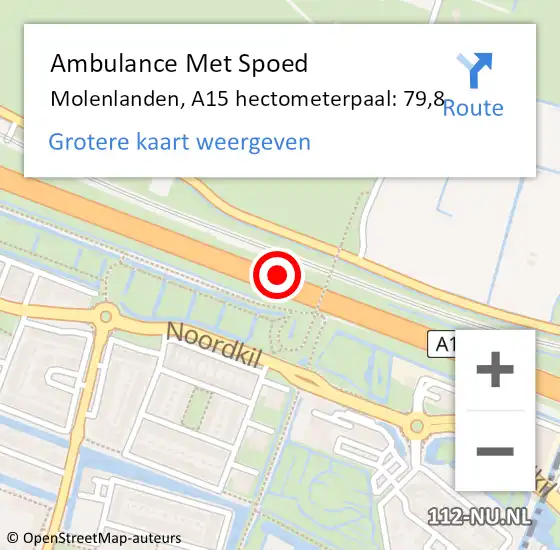Locatie op kaart van de 112 melding: Ambulance Met Spoed Naar Molenlanden, A15 hectometerpaal: 79,8 op 10 december 2023 14:46