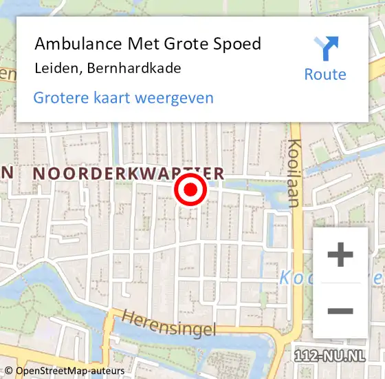 Locatie op kaart van de 112 melding: Ambulance Met Grote Spoed Naar Leiden, Bernhardkade op 10 december 2023 15:17