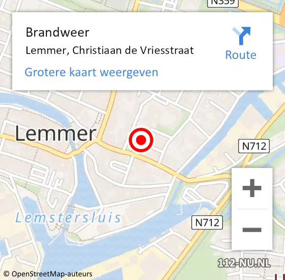 Locatie op kaart van de 112 melding: Brandweer Lemmer, Christiaan de Vriesstraat op 10 december 2023 16:24