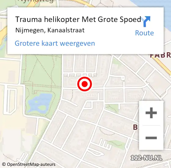 Locatie op kaart van de 112 melding: Trauma helikopter Met Grote Spoed Naar Nijmegen, Kanaalstraat op 10 december 2023 17:57