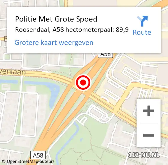 Locatie op kaart van de 112 melding: Politie Met Grote Spoed Naar Roosendaal, A58 hectometerpaal: 89,9 op 10 december 2023 21:54