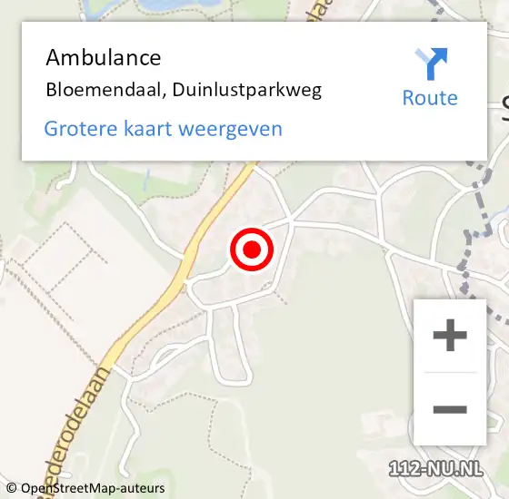 Locatie op kaart van de 112 melding: Ambulance Bloemendaal, Duinlustparkweg op 10 december 2023 22:17