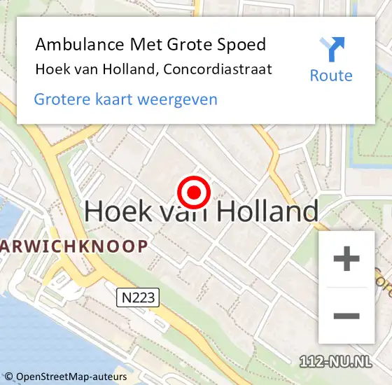 Locatie op kaart van de 112 melding: Ambulance Met Grote Spoed Naar Hoek van Holland, Concordiastraat op 10 december 2023 22:23