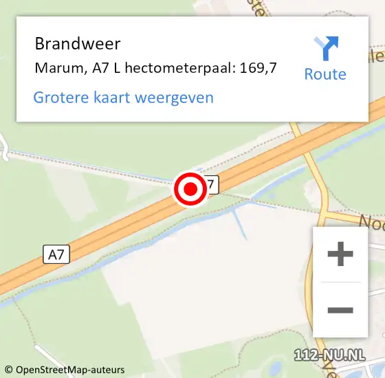 Locatie op kaart van de 112 melding: Brandweer Marum, A7 L hectometerpaal: 173,4 op 18 september 2014 08:14