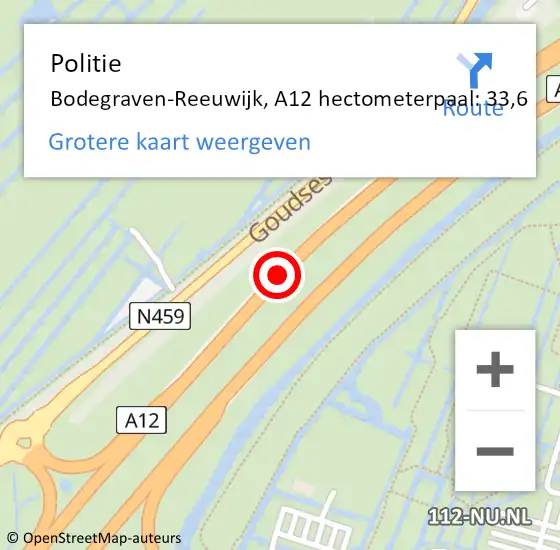 Locatie op kaart van de 112 melding: Politie Bodegraven-Reeuwijk, A12 hectometerpaal: 33,6 op 10 december 2023 23:45