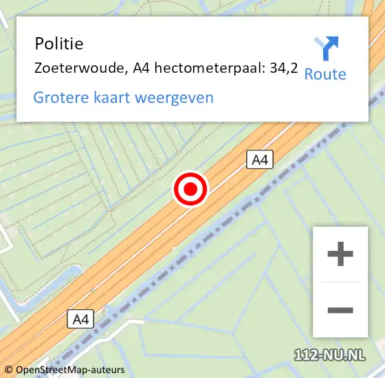 Locatie op kaart van de 112 melding: Politie Zoeterwoude, A4 hectometerpaal: 34,2 op 11 december 2023 06:27
