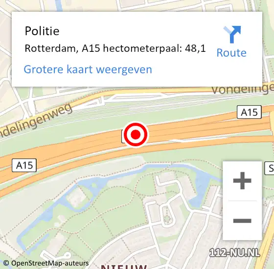 Locatie op kaart van de 112 melding: Politie Rotterdam, A15 hectometerpaal: 48,1 op 11 december 2023 06:29