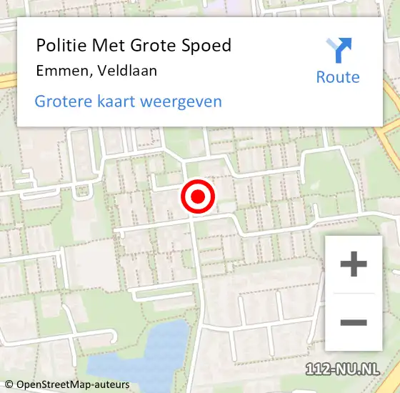 Locatie op kaart van de 112 melding: Politie Met Grote Spoed Naar Emmen, Veldlaan op 11 december 2023 07:59