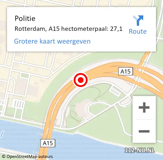 Locatie op kaart van de 112 melding: Politie Rotterdam, A15 hectometerpaal: 27,1 op 11 december 2023 13:16